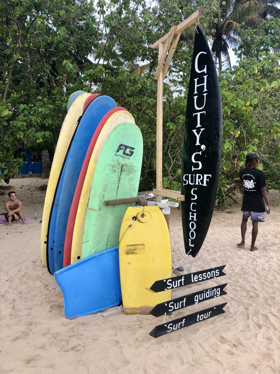 Surfboards for rent on the beach at a Mirissa surf school